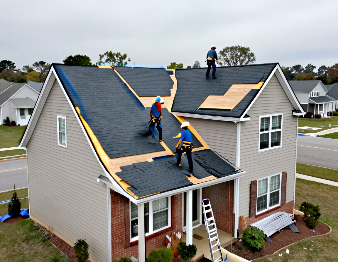 Roofers installing dark shingles on a suburban house roof with ladders and safety gear