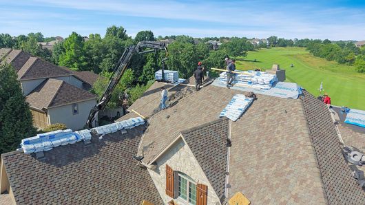 Worker nailing plywood sheathing on a sloped roof during construction