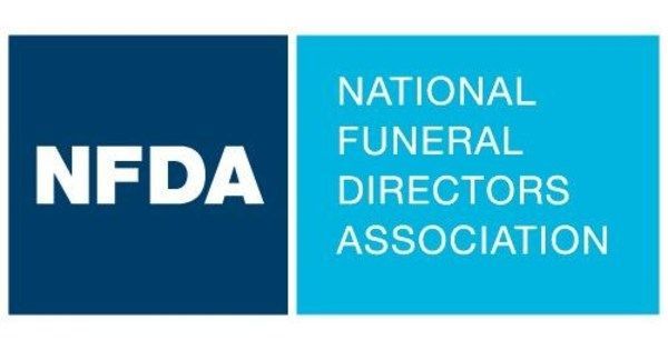 The logo for the national funeral directors association is blue and white.