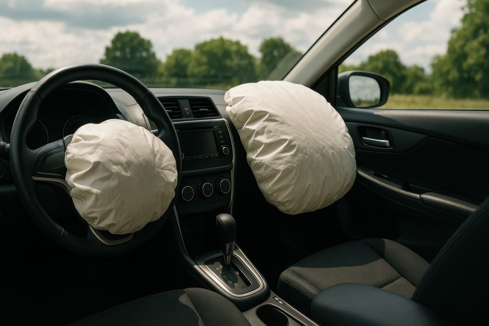 Car interior with deployed front airbags, showing a crash aftermath.