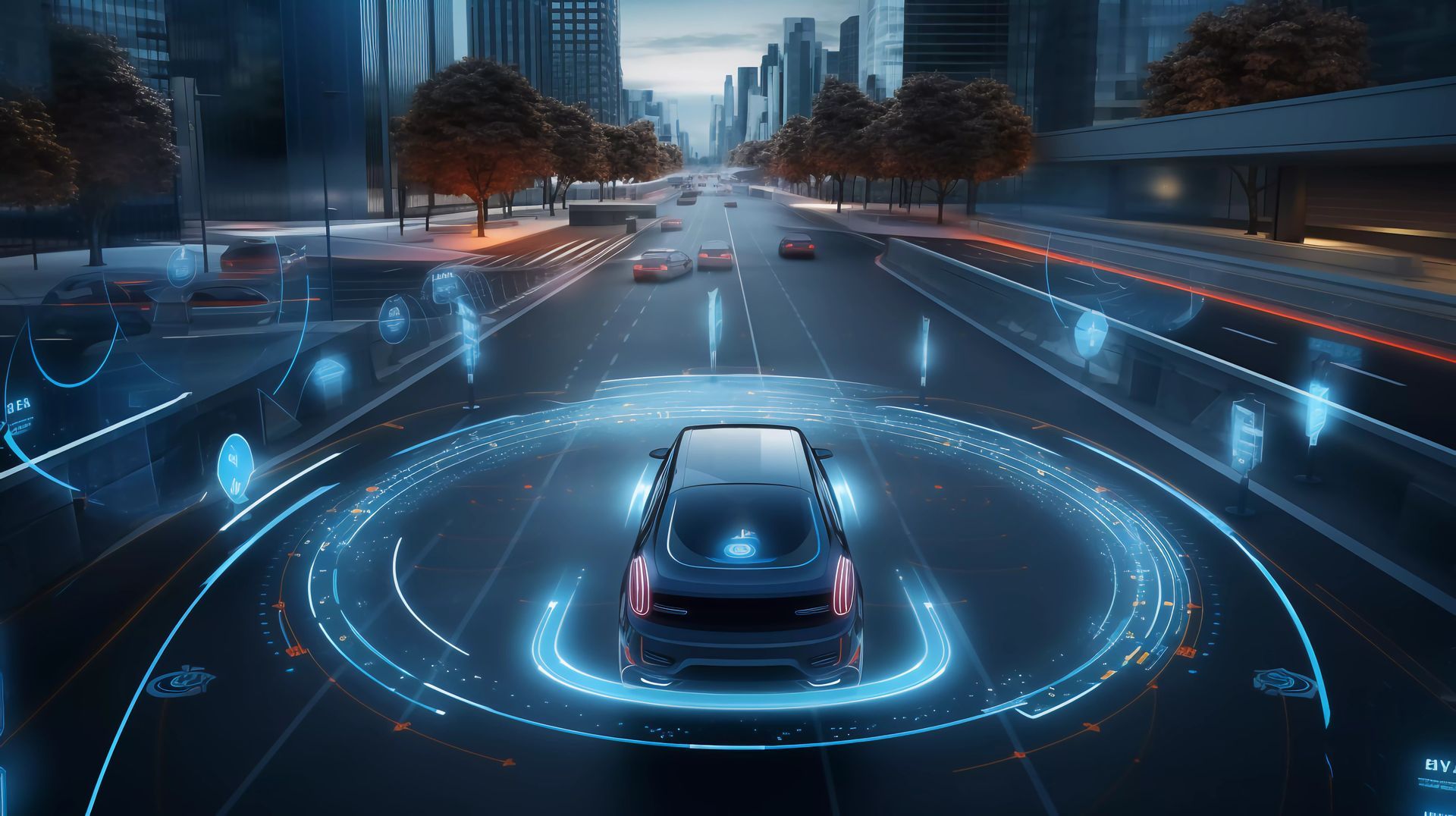 Autonomous car driving on a city street, surrounded by blue digital interface.