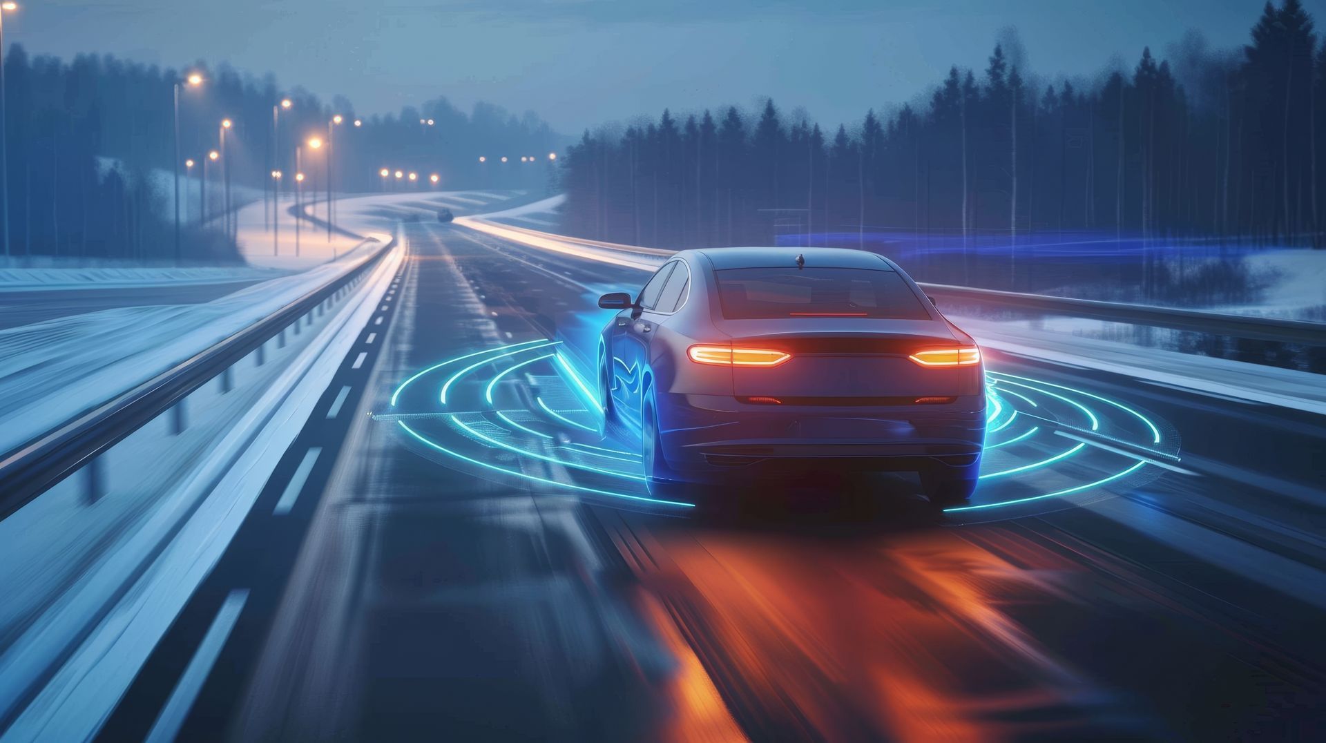 Car driving on a snowy highway at dusk, with glowing blue light trails around the road