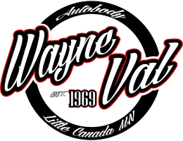 Logo for Wayne Val Autobody in Little Canada, MN, with black circle, red and white lettering, and