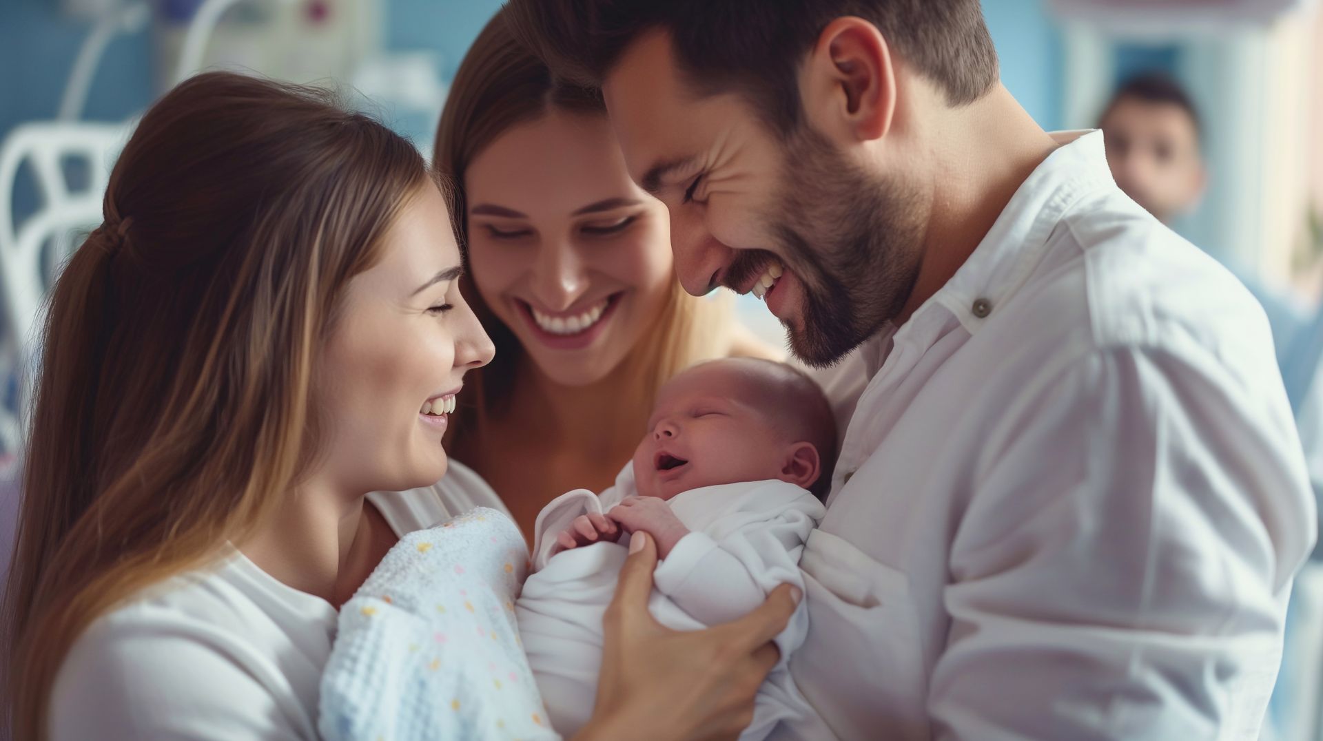 Family smiling at a newborn baby in a bright hospital room Family smiling at a newborn baby in a bright hospital room