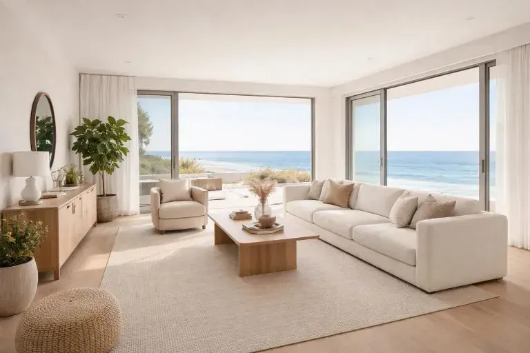 Bright, modern living room with a neutral sofa, armchair, and coffee table facing large windows overlooking the ocean.