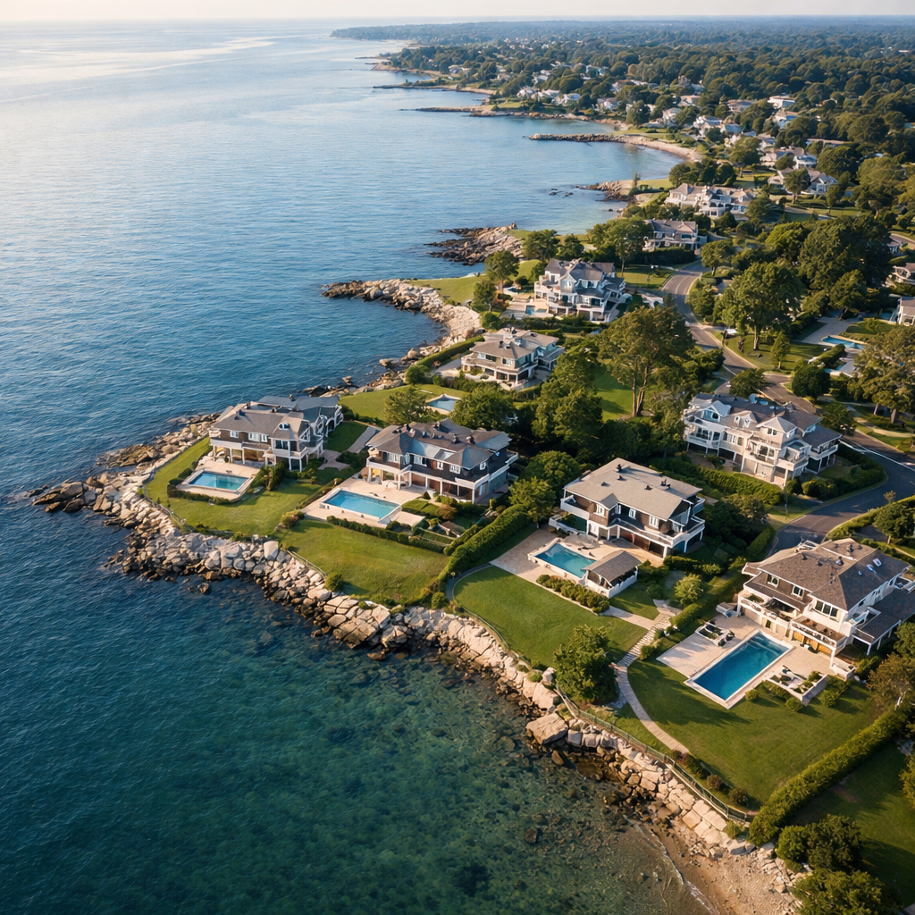 Aerial view of luxury coastal homes with swimming pools along a rocky shoreline, overlooking the ocean at sunset.
