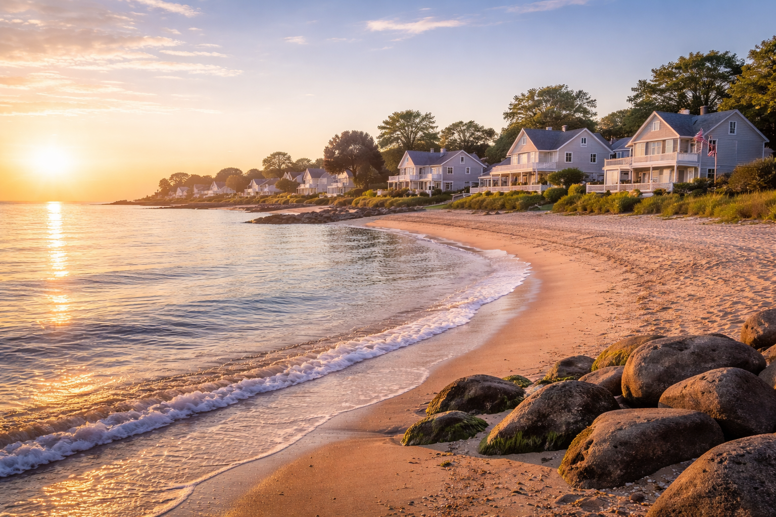 Sunlight sets over a calm beach with gentle waves washing onto the sandy shore, fronted by large rocks and coastal homes.