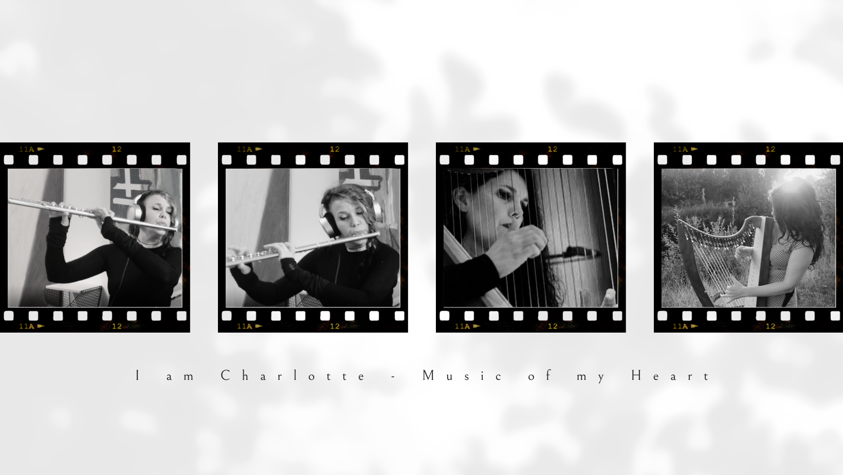 A film strip showing Jennette Roozeboom playing the flute, then a harp, against a blurred, light background.