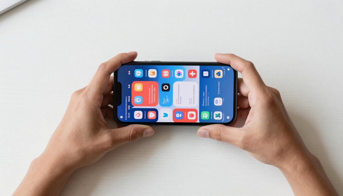Hands holding smartphone with social media
