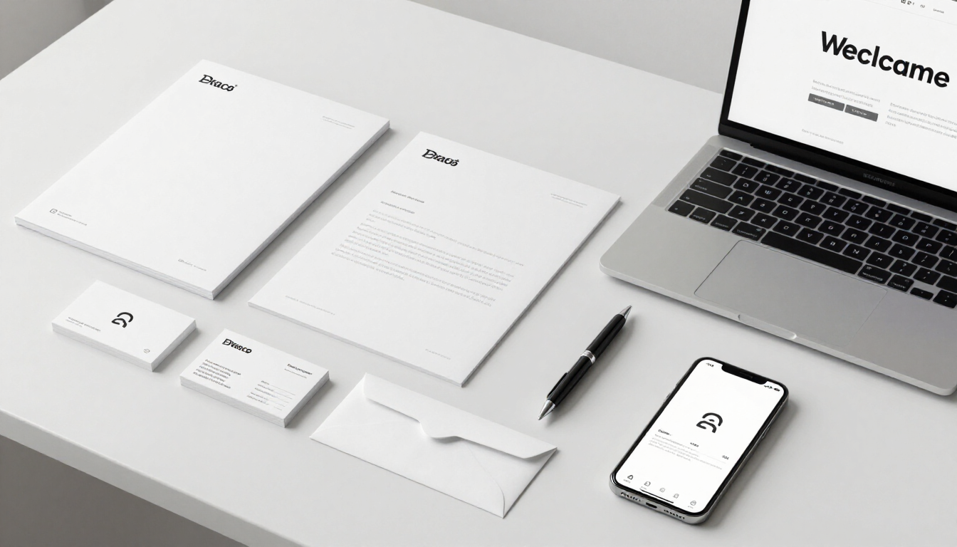 Minimalist brand identity elements showing consistency across platforms.