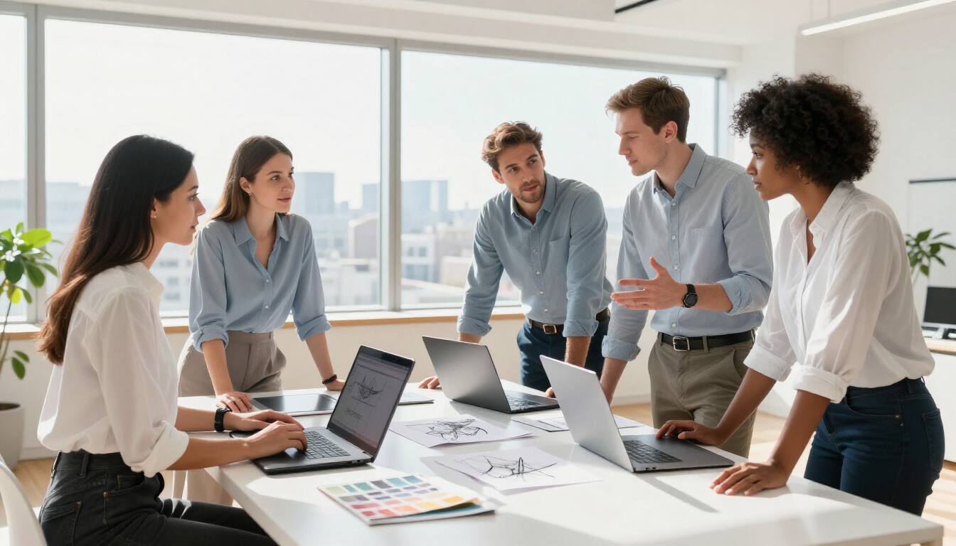Professional team collaborating on website design