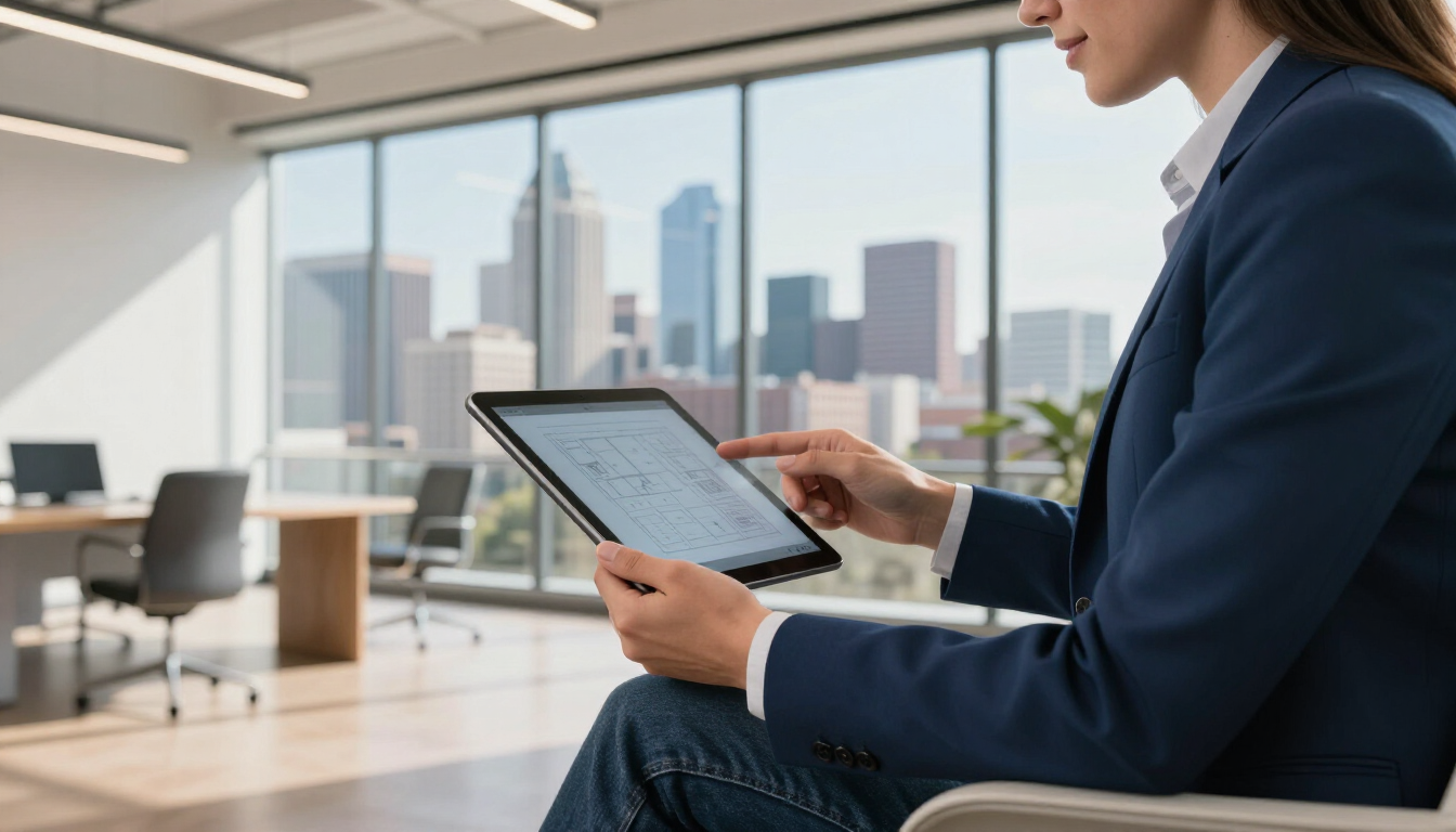 Agent showing tablet to client