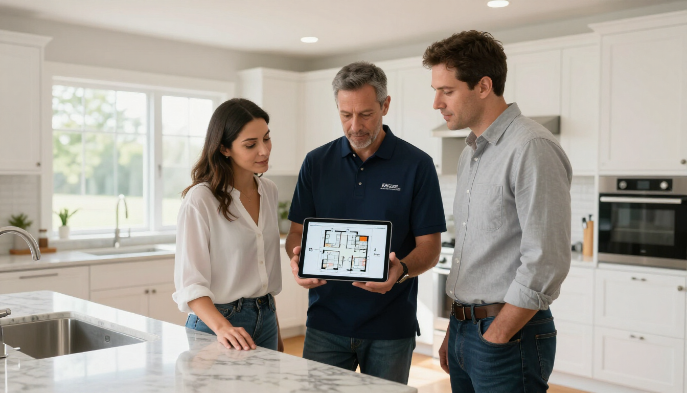 Contractor showing a tablet to a homeowner