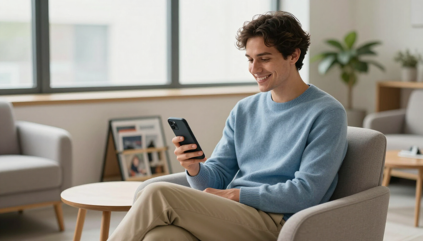 Patient using smartphone in waiting room