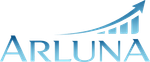 Arluna logo in blue with upward bar chart and arrow