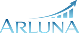 Arluna logo in blue with upward bar chart and arrow