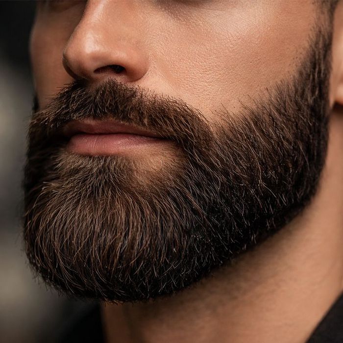 Close-up of a man’s lower face with a full dark beard and mustache