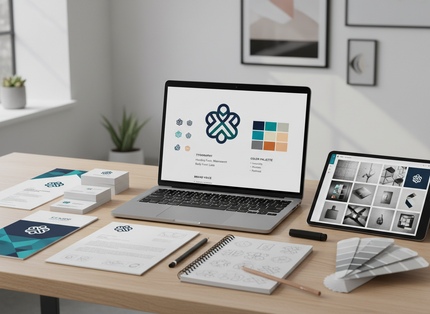 Branding mockup on a desk with laptop, color palette, notebooks, and tablet in a bright office setting