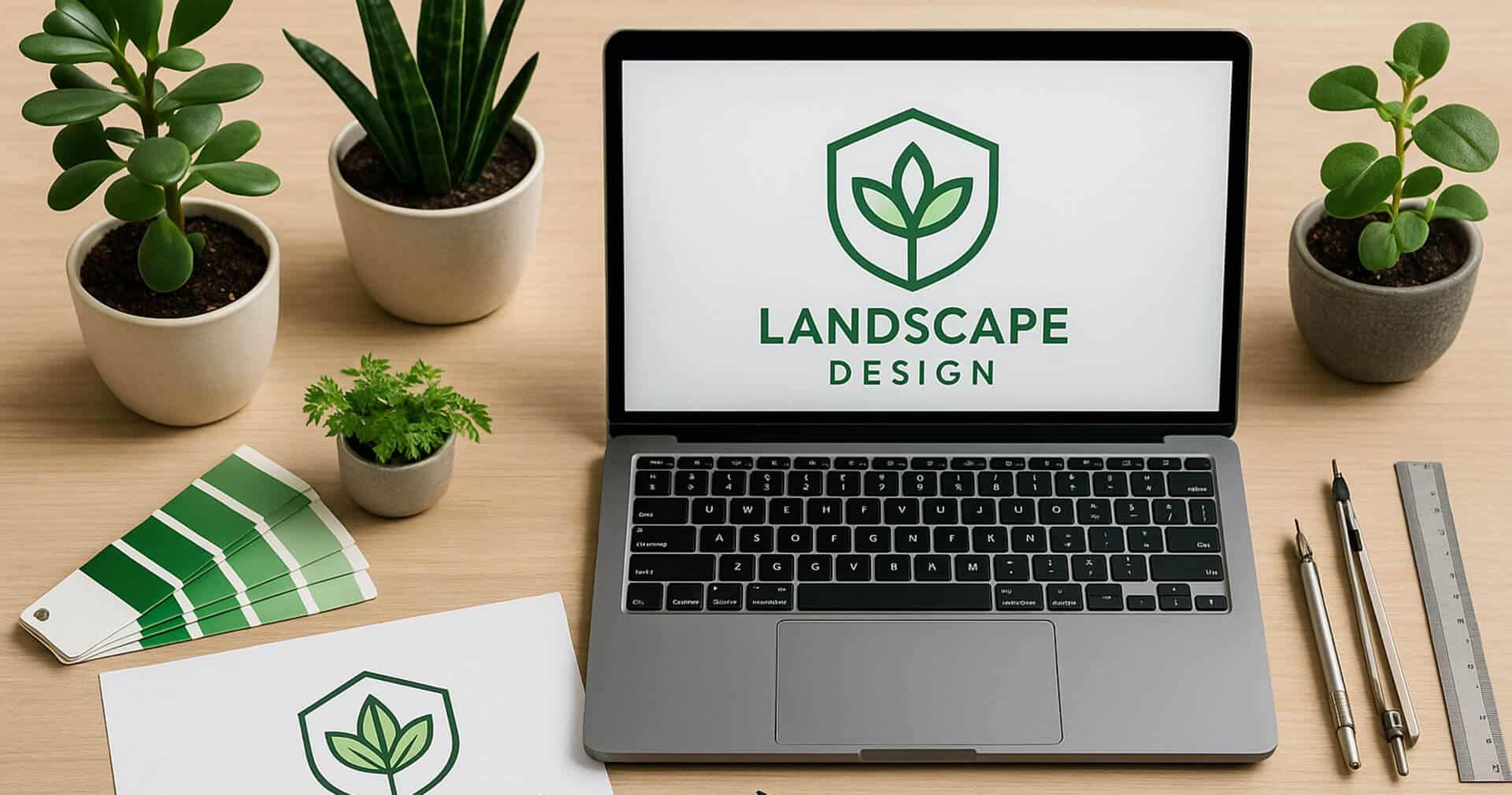 Laptop with “Landscape Design” logo, surrounded by potted plants, color swatches, and pens on a desk
