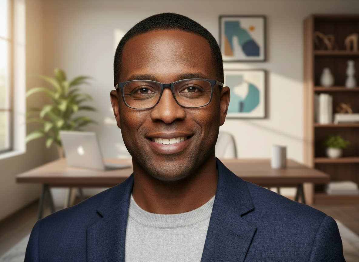 Smiling man in glasses and a navy blazer in a bright home office
