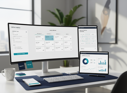 Modern desk with multiple screens showing analytics dashboards and a phone on a tidy workspace