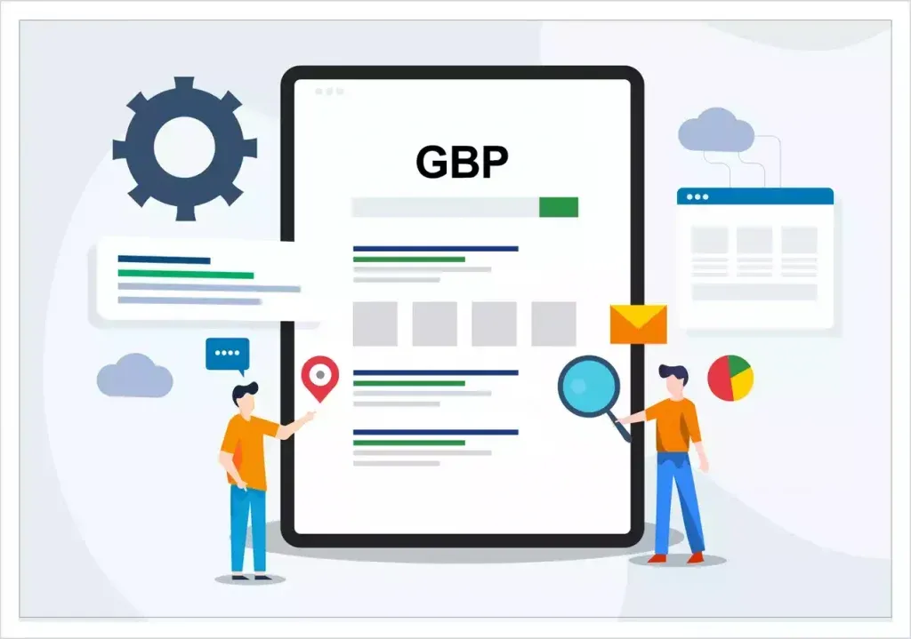 Illustration of a GBP webpage dashboard with two people, charts, icons, and a gear symbol on a white background