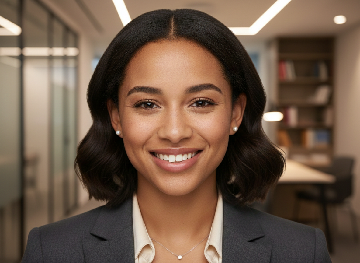 Smiling person in a blazer in a modern office setting with warm lighting