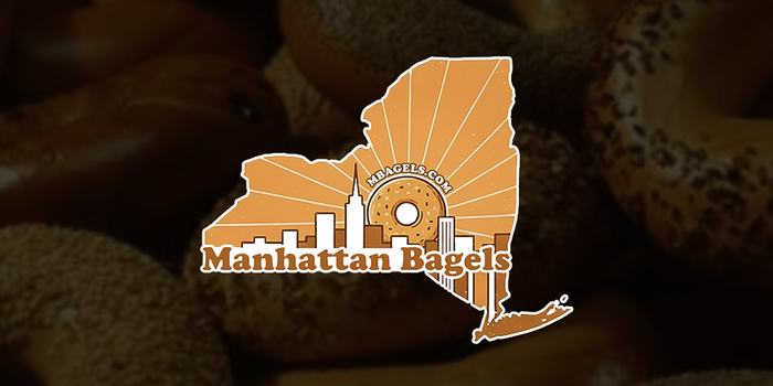 Manhattan Bagels logo over an orange Manhattan skyline silhouette on a dark background