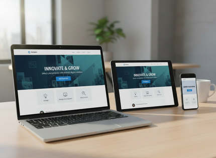 Laptop, tablet, and smartphone on a desk displaying a website mockup in a bright office.