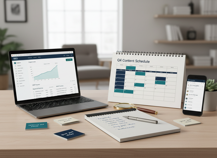 Desktop workspace with laptop, scheduling calendar, notebook, phone, and cards on a desk