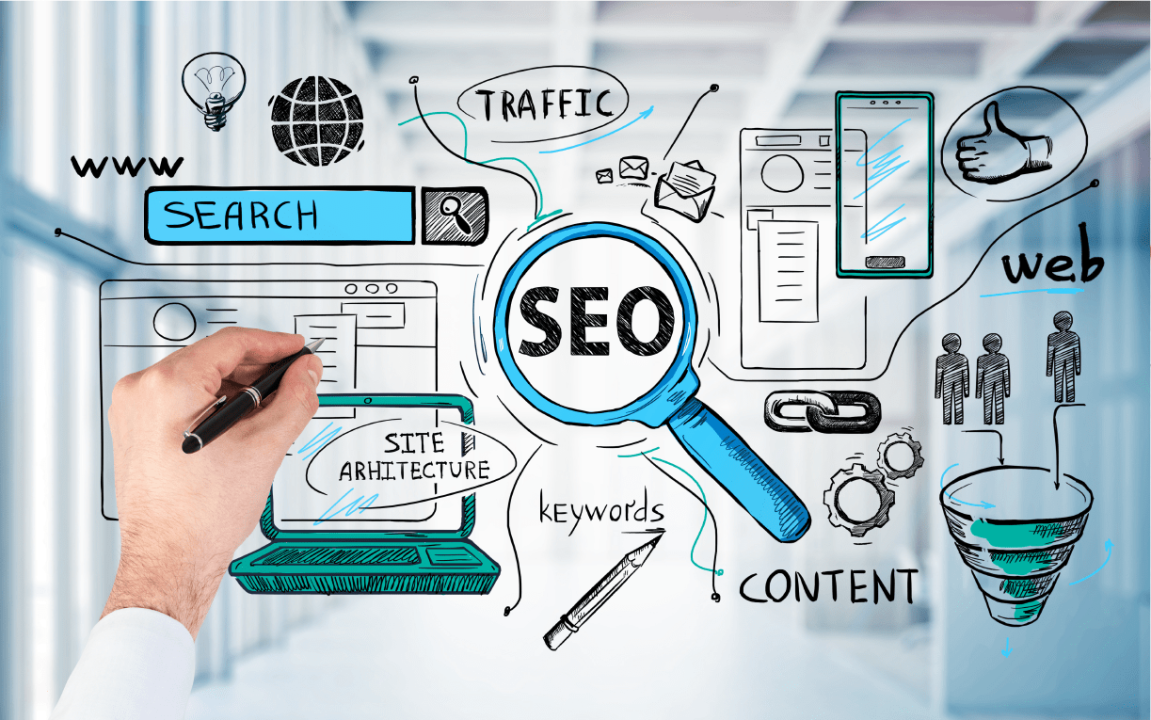 SEO marketing sketch with hand drawing, magnifying glass, search bar, traffic, keywords, and web icons