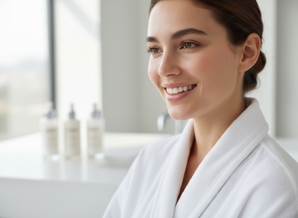 Smiling person in a white robe in a bright spa-like room