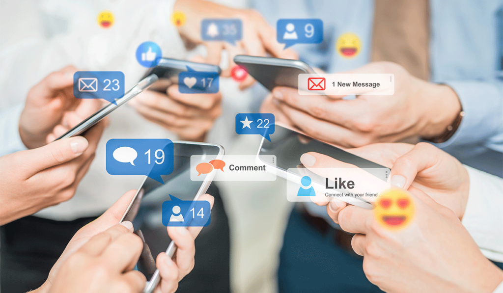 Hands using smartphones with floating social media notification icons and reactions.
