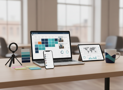 Desk with laptop, tablet, phone, mug, and camera tripod in a bright office workspace.