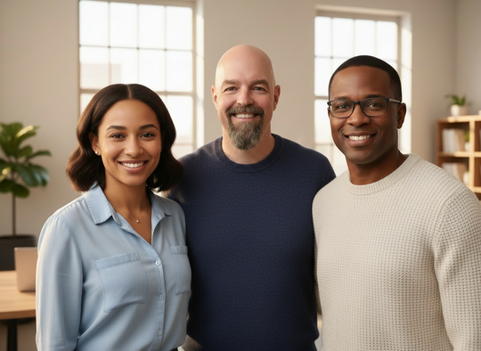 Three smiling coworkers standing together in a bright office
