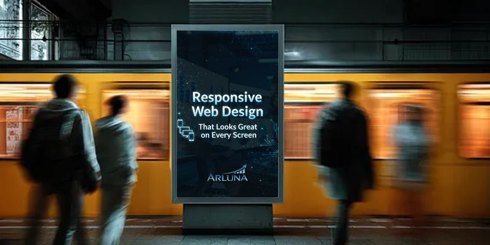 Poster for responsive web design at a train platform, with blurred commuters and an orange train passing behind it