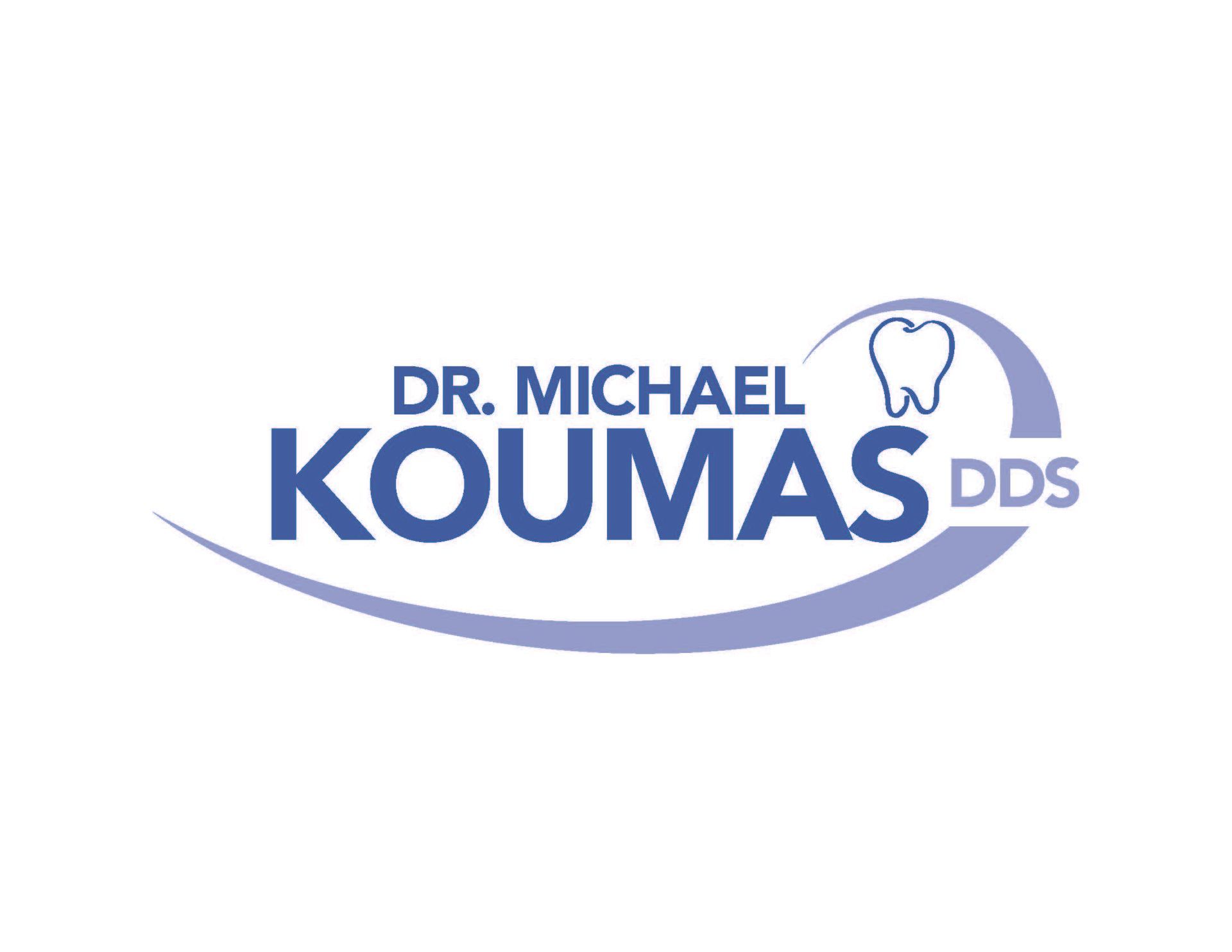 Dr. Michael Koumas DDS logo in blue with tooth icon and curved swoosh