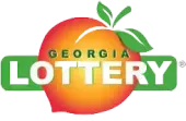 Georgia Lottery logo with green text over a red-orange peach with green leaves