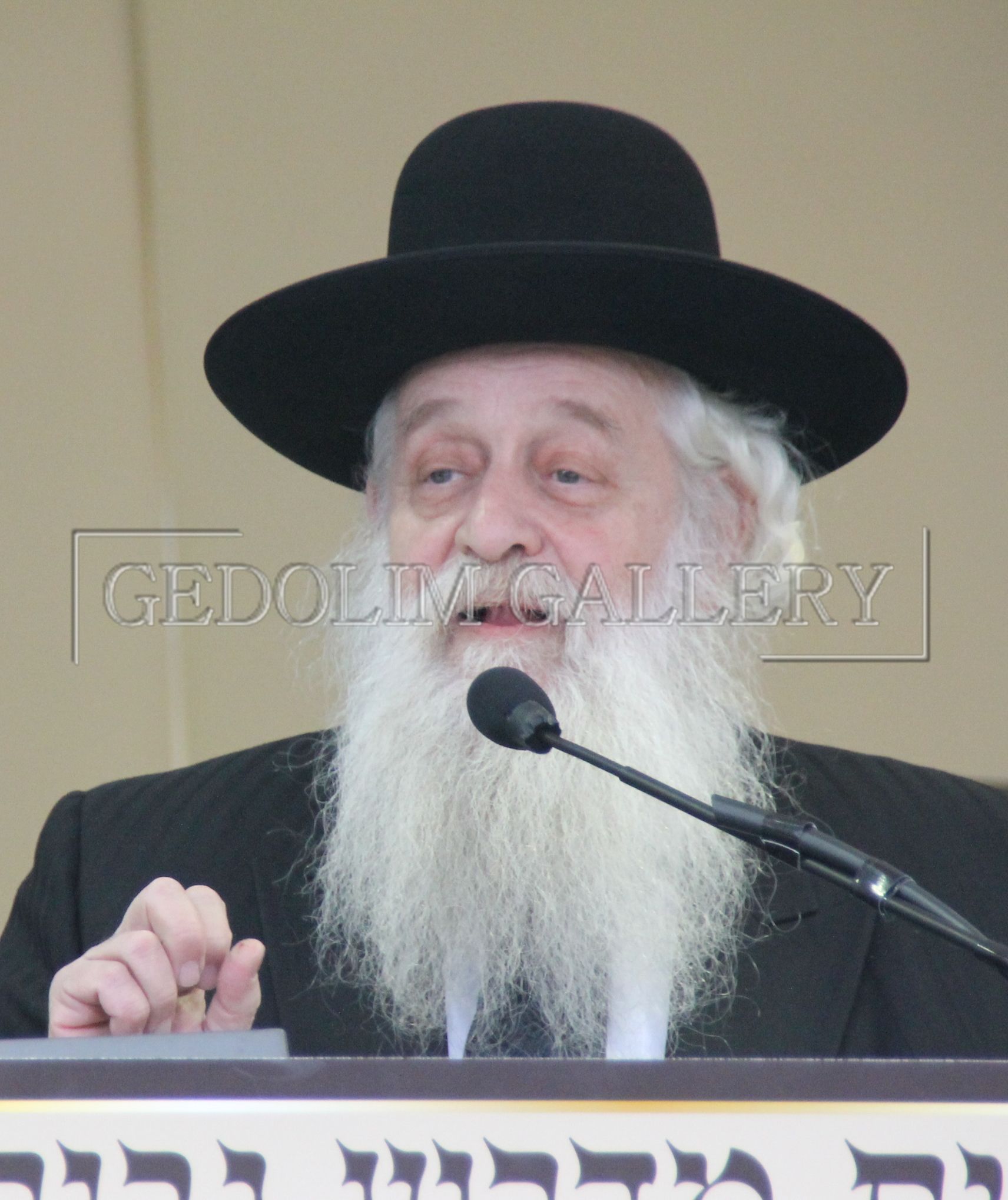 A man with a beard wearing a black hat is speaking into a microphone in front of a sign that says gedolin gallery