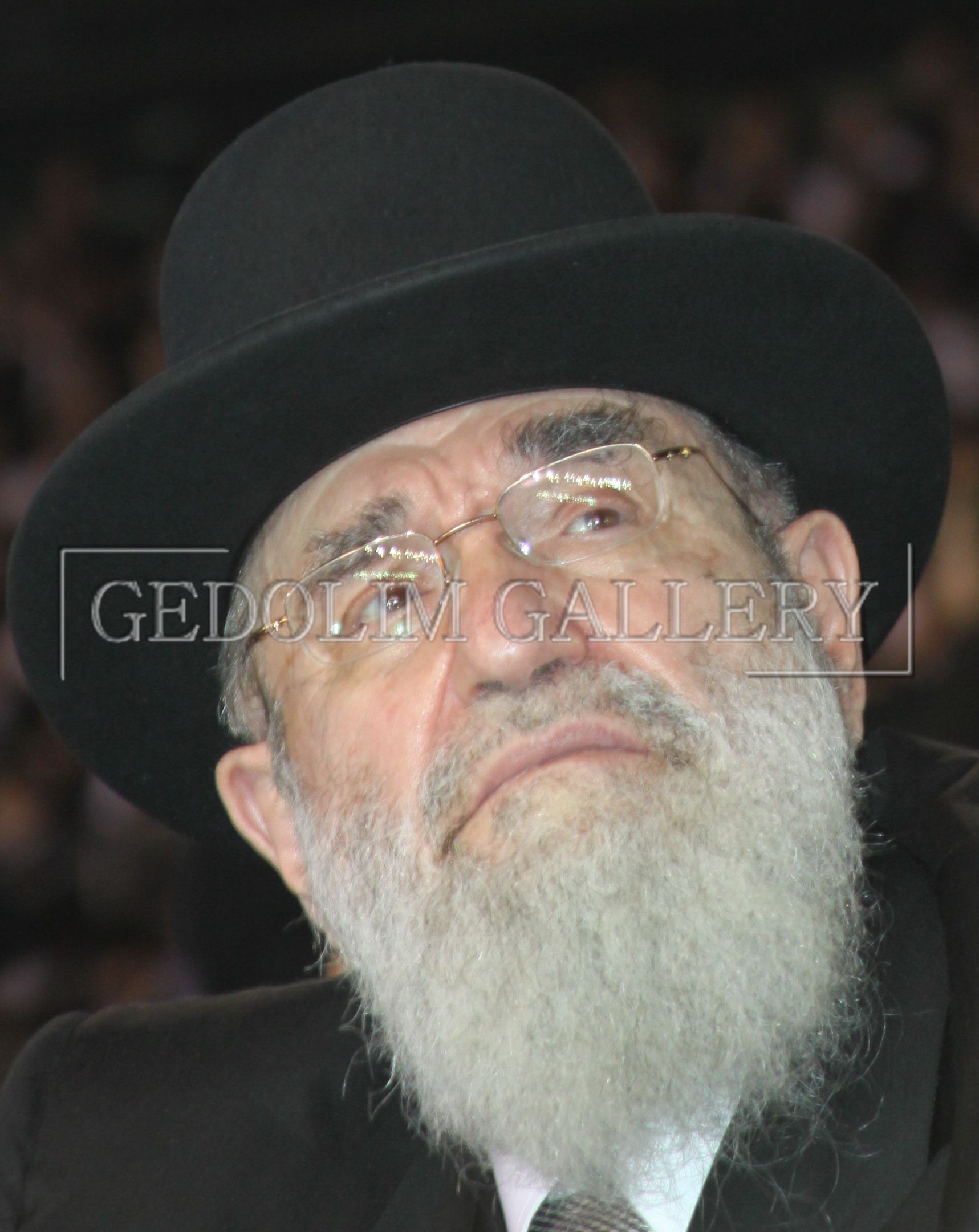 A man with a beard and glasses wearing a hat with the word gedoleim gallery on the bottom