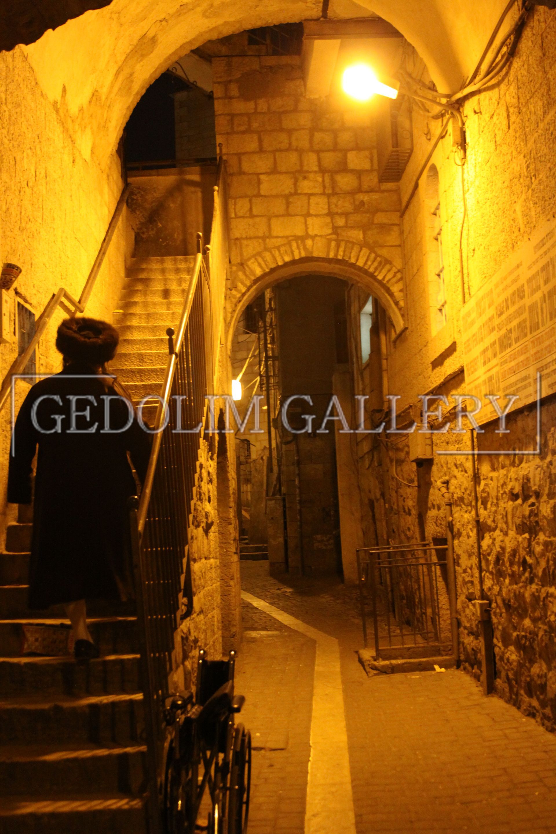 A person walking down stairs in a dark alleyway with the words gedolin gallery on the bottom