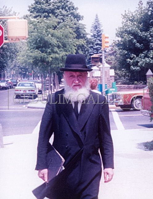 A man with a beard is walking down a street with a stop sign in the background