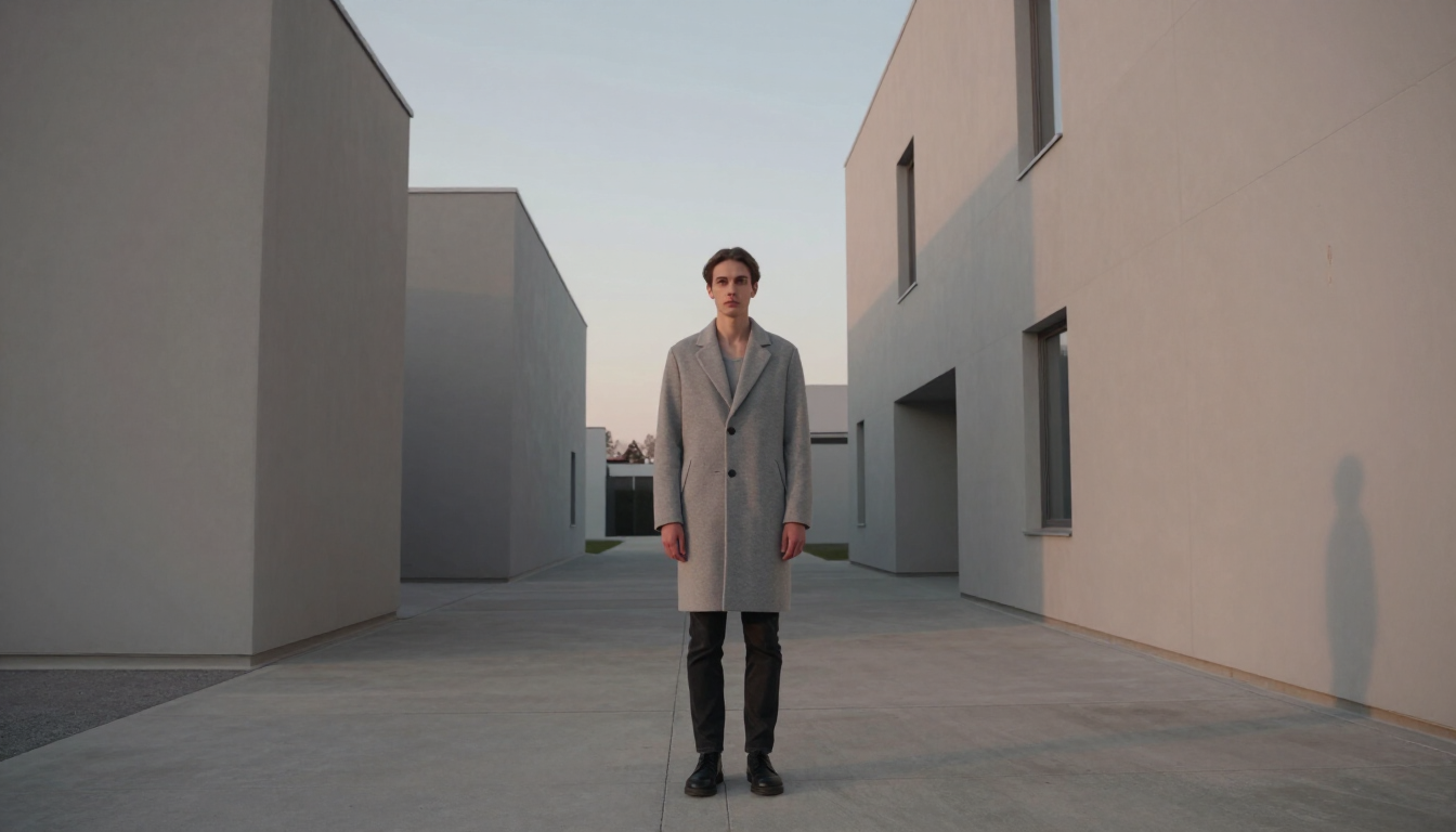 A person standing in a quiet, minimalist urban space at dawn, looking focused and prepared for the day.