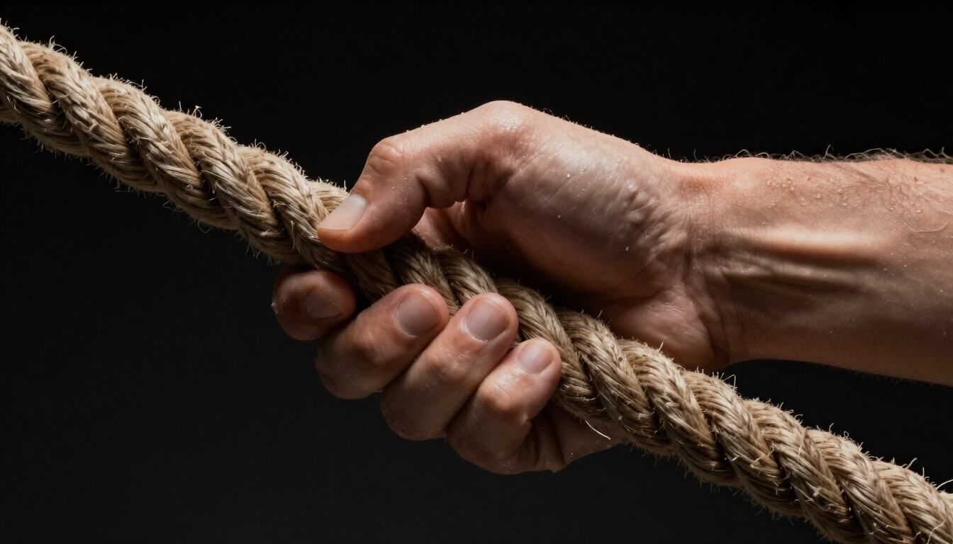 Close-up of a person's hands gripping a heavy rope, showing the texture of effort and the focus of a disciplined workout.