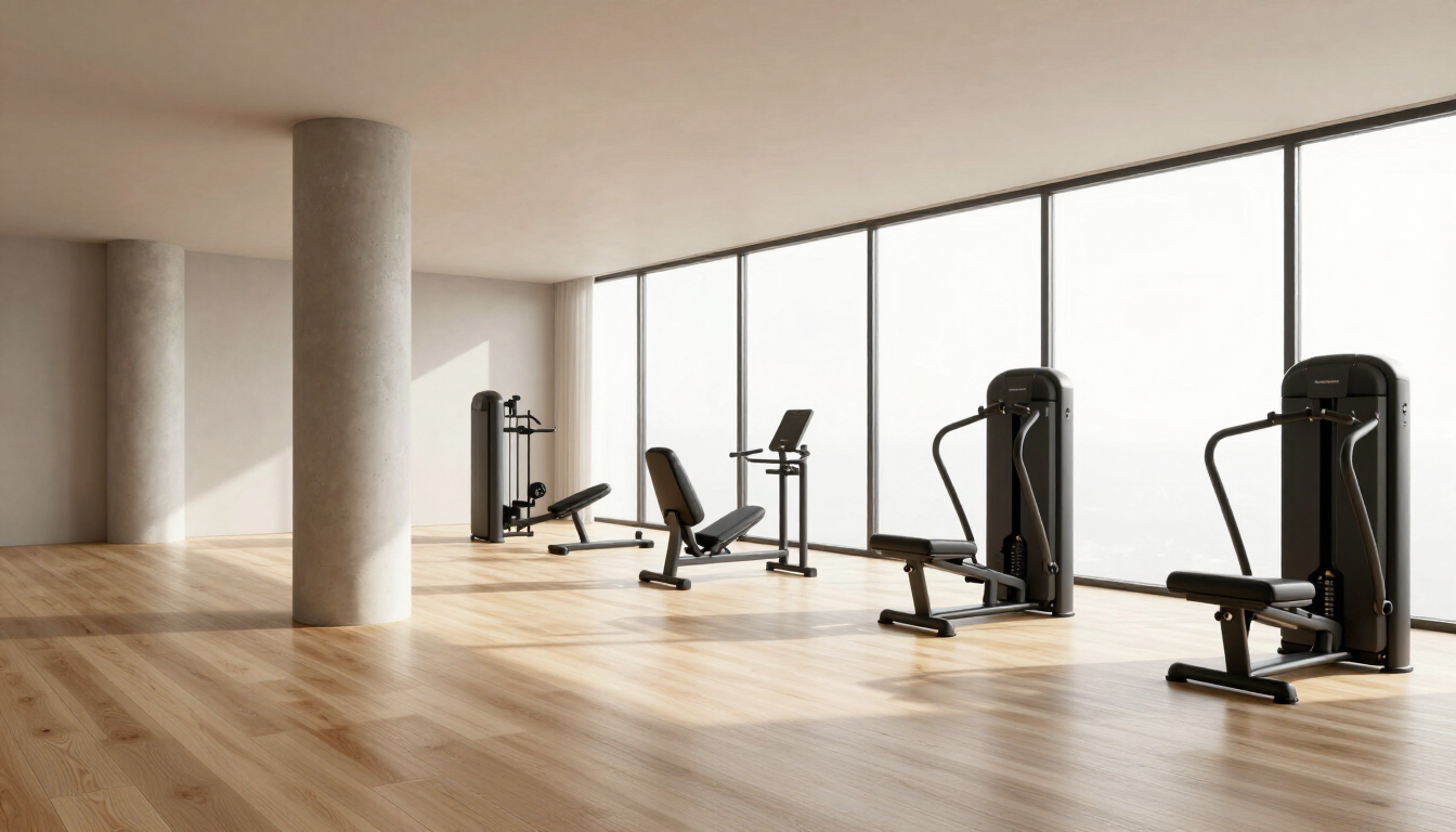 A wide-angle shot of a minimalist, high-end gym space with natural light and a sense of calm strength.