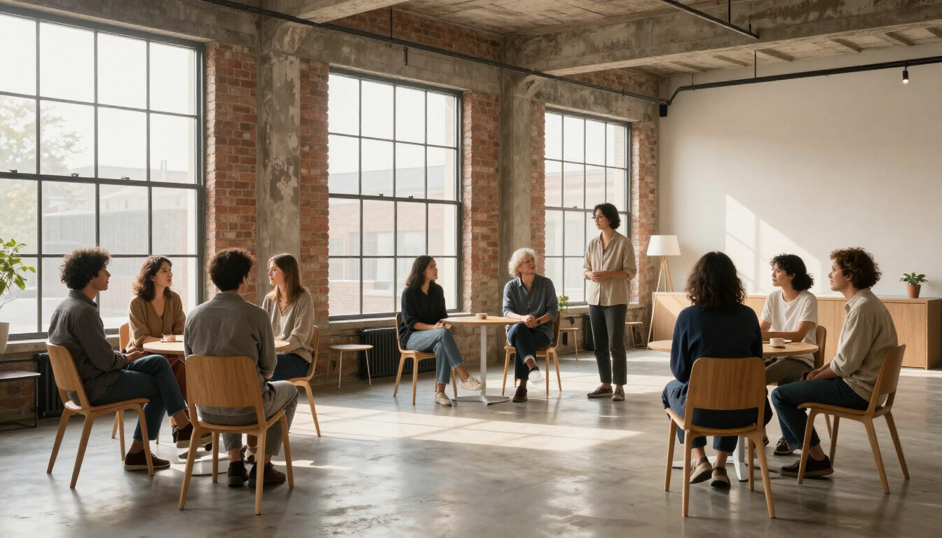A group of focused individuals gathering in a minimalist space for a KODO community event.