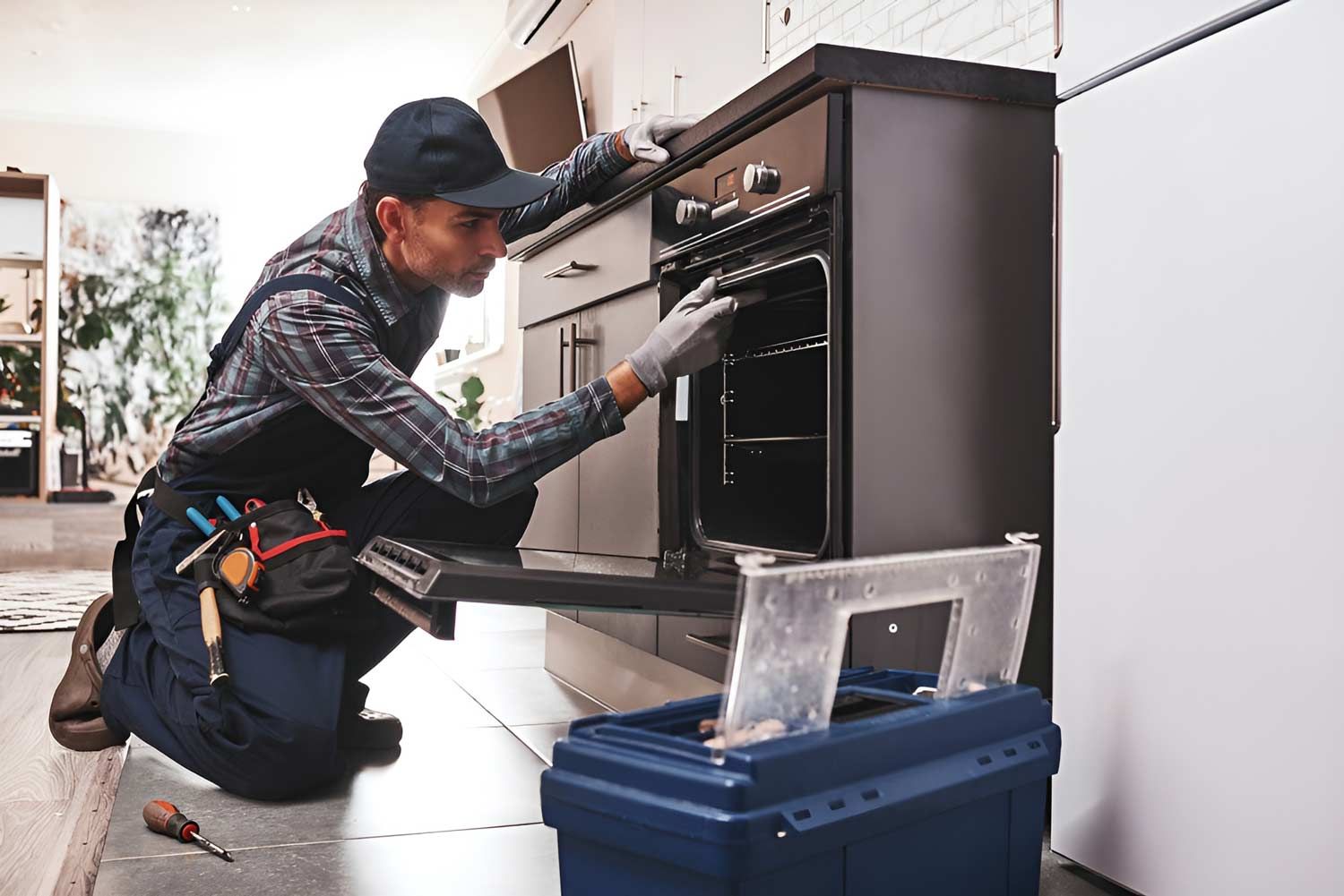 Repairman Examining Oven With Screwdriver In Kitchen With Tool Case — Macleay Air In Port Macquarie, NSW