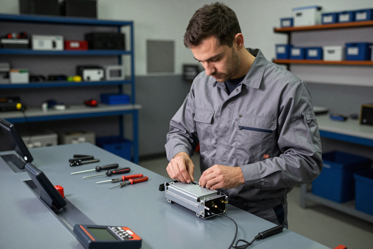 Técnico ensamblando un dispositivo electrónico en un banco de trabajo en un taller, con herramientas y estanterías al fondo.