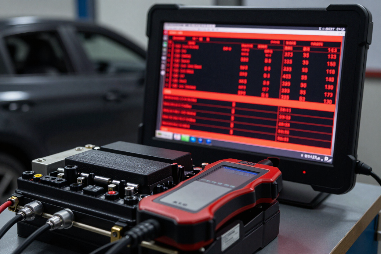 Escáner de diagnóstico automotriz y tableta mostrando datos en rojo