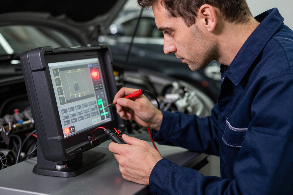 Mecánico utilizando una tableta de diagnóstico para inspeccionar un coche en un taller.